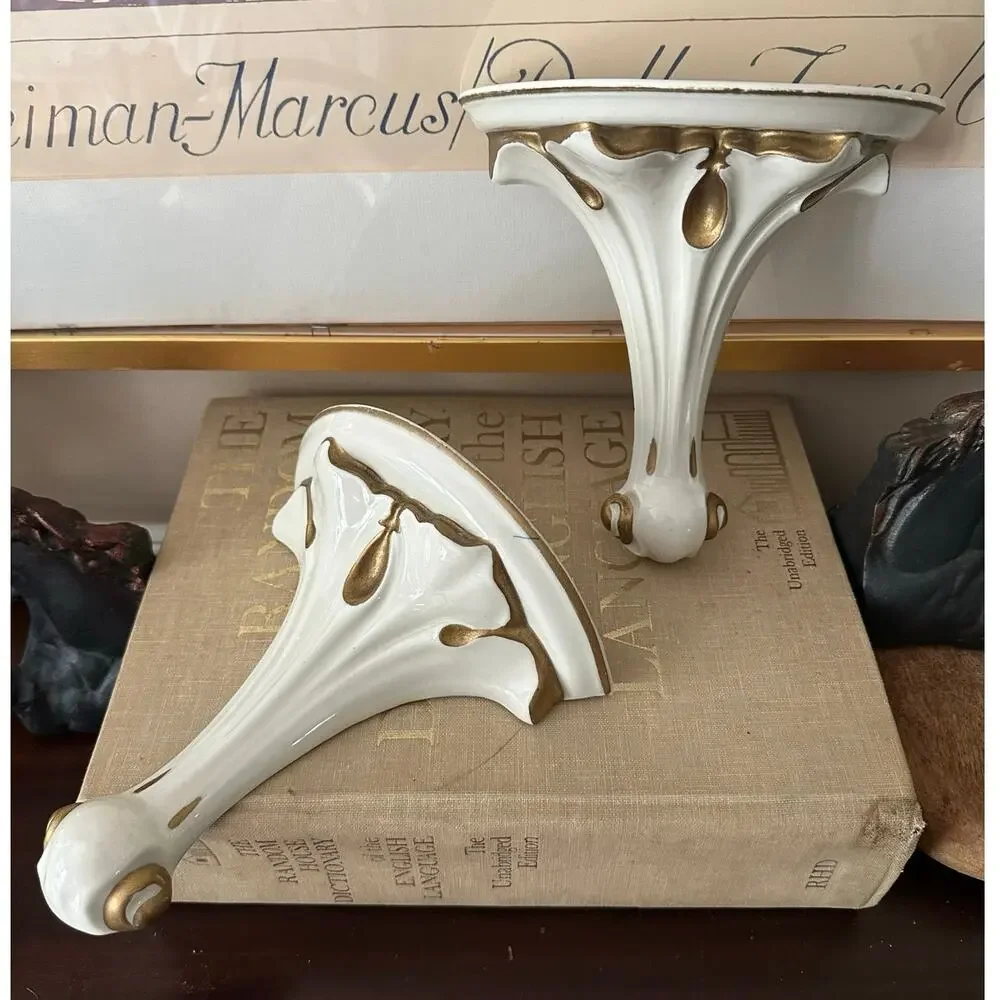 Vintage Italian Hollywood Regency Style Gilt Porcelain Brackets Shelves sconces